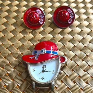 Pretty Red hat set of earrings and watch face.